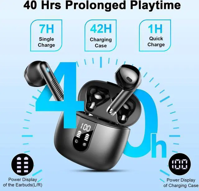 Alt view image 4 of 5 - Wireless Earbuds, 2024 Bluetooth Headphones V5.3 Ear Buds Built-in ENC Noise Cancelling Mics, 40H Stereo Bass Bluetooth Earbuds with Dual LED Display, IP7 Waterproof Earphones for Android iOS, Black