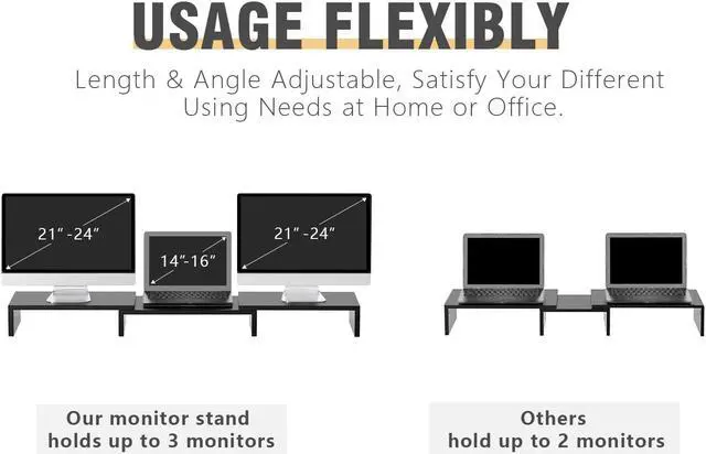 Alt view image 4 of 5 - TAVR Dual Monitor Stand Riser Office Desktop Organizer Stand for 2 Monitors, Adjustable Length and Angle 3 Shelf, Extra Long Multifunctional Stand up to 48.2" fit Computer, Laptop, TV, Black