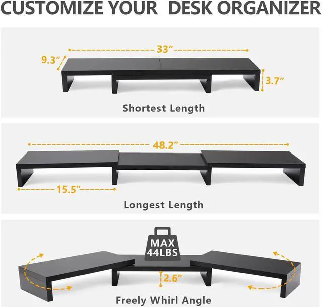 Alt view image 3 of 5 - TAVR Dual Monitor Stand Riser Office Desktop Organizer Stand for 2 Monitors, Adjustable Length and Angle 3 Shelf, Extra Long Multifunctional Stand up to 48.2" fit Computer, Laptop, TV, Black