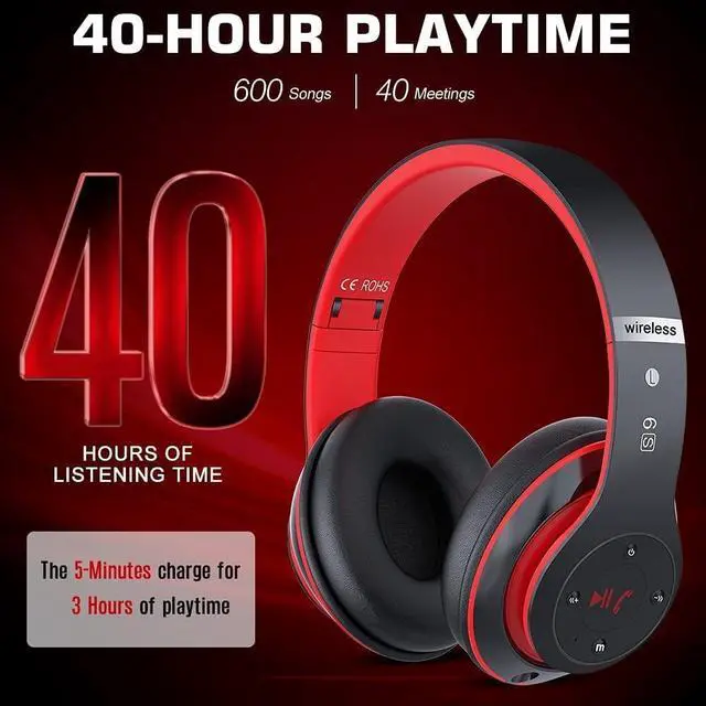 Alt view image 3 of 5 - PRTUKYT 6S Bluetooth Headphones Over-Ear, Hi-Fi Stereo Foldable Wireless Stereo Headsets Earbuds with Built-in Mic, Volume Control, FM for iPhone/Samsung/iPad/PC (Black & Red)
