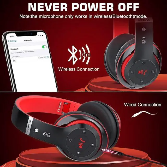 Alt view image 5 of 5 - PRTUKYT 6S Bluetooth Headphones Over-Ear, Hi-Fi Stereo Foldable Wireless Stereo Headsets Earbuds with Built-in Mic, Volume Control, FM for iPhone/Samsung/iPad/PC (Black & Red)
