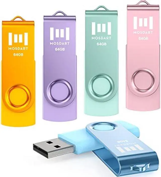 Main image of MOSDART 64GB USB Flash Drive 5 Pack, 64 GB Pastel Multicolor Multipack USB2.0 Thumb Drives, Swivel Design with LED Light, exFAT Jump Drive Memory Stick Pen Drive for Computers, Data Storage