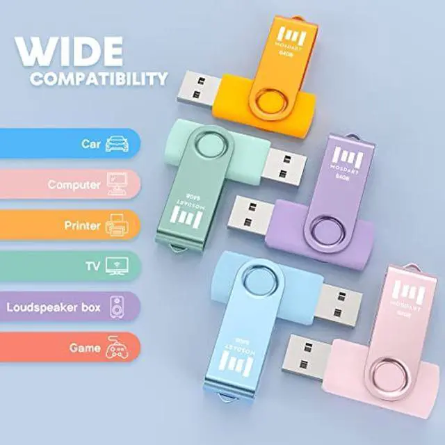 Alt view image 2 of 5 - MOSDART 64GB USB Flash Drive 5 Pack, 64 GB Pastel Multicolor Multipack USB2.0 Thumb Drives, Swivel Design with LED Light, exFAT Jump Drive Memory Stick Pen Drive for Computers, Data Storage