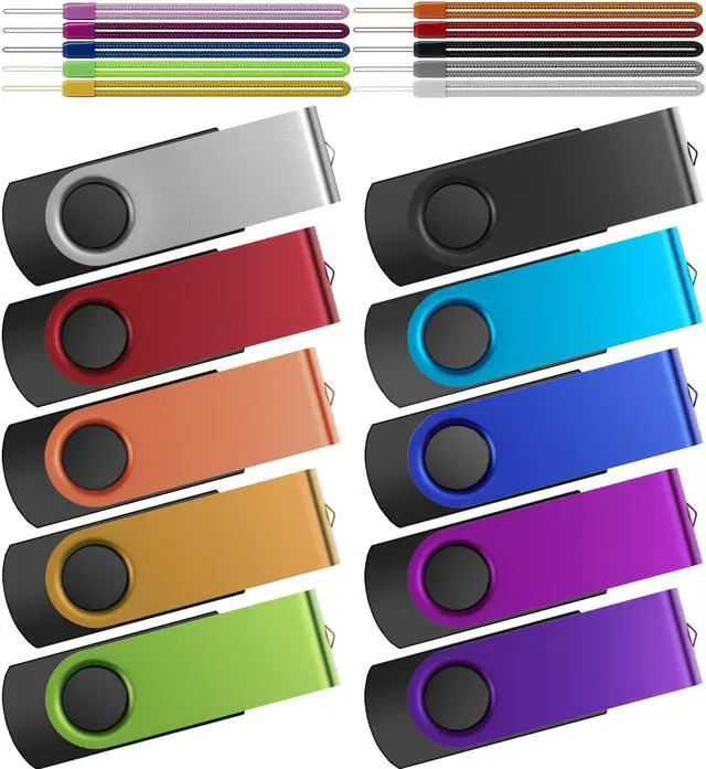Main image of 8GB Flash Drive 10 Pack Thumb Drives Bulk, Multipack Zip Drive 8 GB USB Memory Sticks Metal Swivel Pen Drive, Kepmem Portable Jump Drive Value Multicoloured Pendrives with 10pcs Ropes