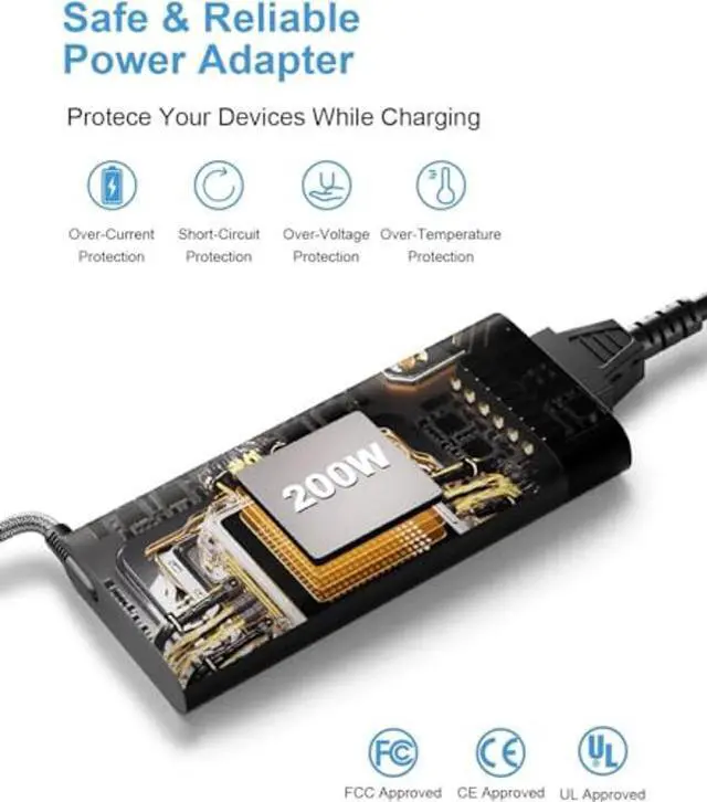 Alt view image 4 of 5 - 200W Laptop Charger for HP Victus Gaming 15 16 Omen Gaming 15 17 Pavilion 15 17 ZBook Fury Studio 15 17 G10 G9 G8 G7 G6 G5 G3 Envy TPN-DA10 L00818-850 Power Supply Cord AC Adapter