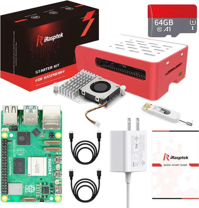 Main image of iRasptek Starter Kit for Raspberry Pi 5 RAM 4GB- 64GB Edition of OS-Bookworm Pre-Loaded(Red&White Case)