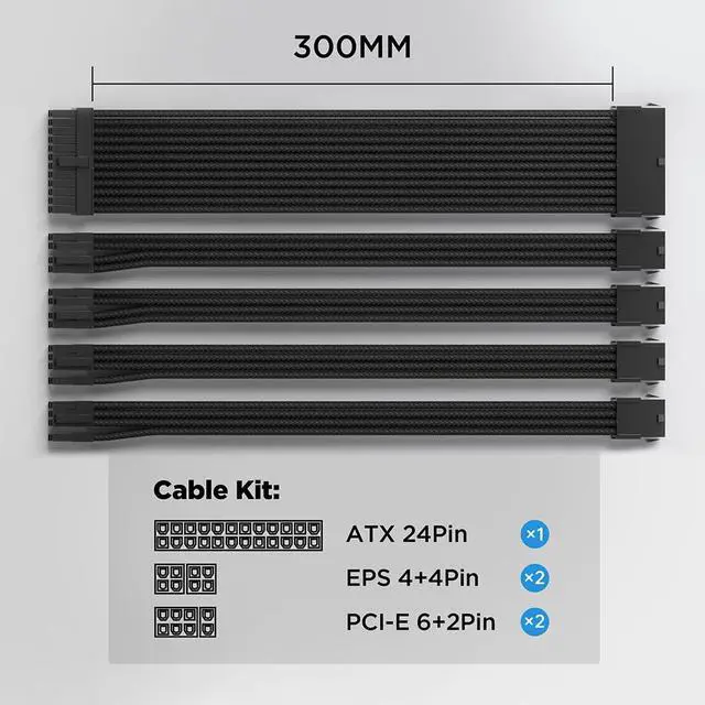 Alt view image 2 of 5 - Generic PSU Cable Extension Kit 30CM Length with Cable Combs 1x24Pin/2x8Pin(4+4) EPS/2x8Pin(6P+2P) PCI-E/PC Sleeved Cable for ATX Power Supply (Black) (Black)