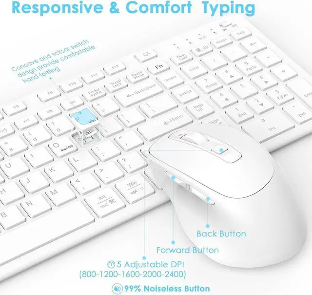 Alt view image 5 of 5 - Wireless Keyboard Mouse Combo, USB Type C Rechargeable Slim Silent White Keyboard Mouse, Compact Full-Size Keyboard with Number Pad for Windows and macOS, PC/Computer/Laptop (Keyboard Cover Included)