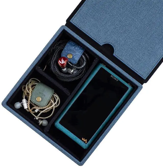 Alt view image 4 of 5 - MITER CASE Carrying Case for 4 IEM Earphone , Handmade Italy PU Leather Hard Box for Earphones + Digital Audio Player DAP AMP DAC Storage Carry Cover Box (4 Earphone Case-Indigo Blue)