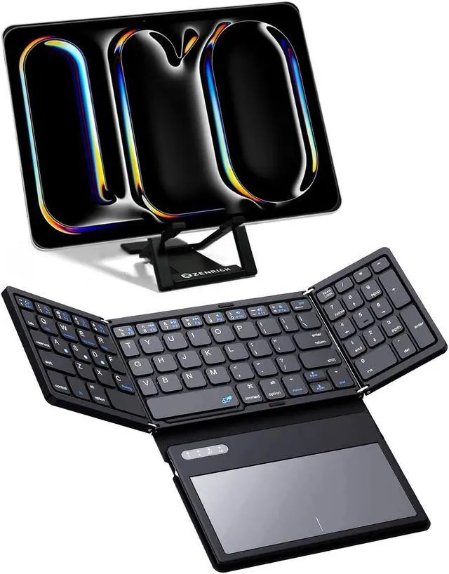 Main image of ZenRich Foldable Bluetooth Keyboard with [Stand Holder][Large Touchpad] [Numeric Keypad], Travel Pocket-Sized Keyboard for iPad Windows iOS Android Mac Laptop Tablet Smartphone, Black