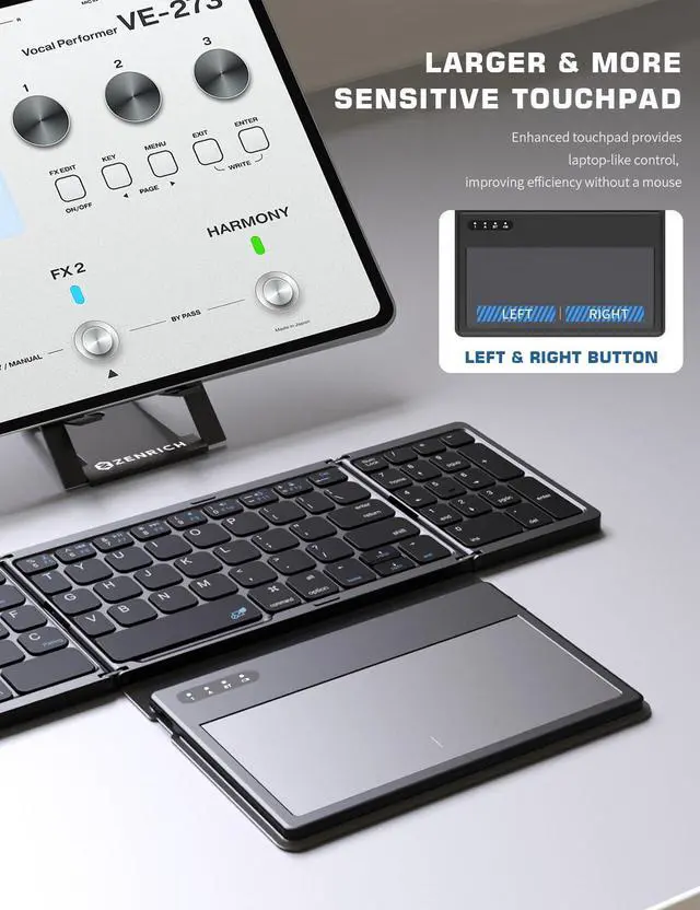 Alt view image 2 of 5 - ZenRich Foldable Bluetooth Keyboard with [Stand Holder][Large Touchpad] [Numeric Keypad], Travel Pocket-Sized Keyboard for iPad Windows iOS Android Mac Laptop Tablet Smartphone, Black