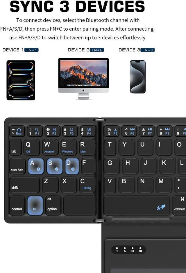 Alt view image 3 of 5 - ZenRich Foldable Bluetooth Keyboard with [Stand Holder][Large Touchpad] [Numeric Keypad], Travel Pocket-Sized Keyboard for iPad Windows iOS Android Mac Laptop Tablet Smartphone, Black