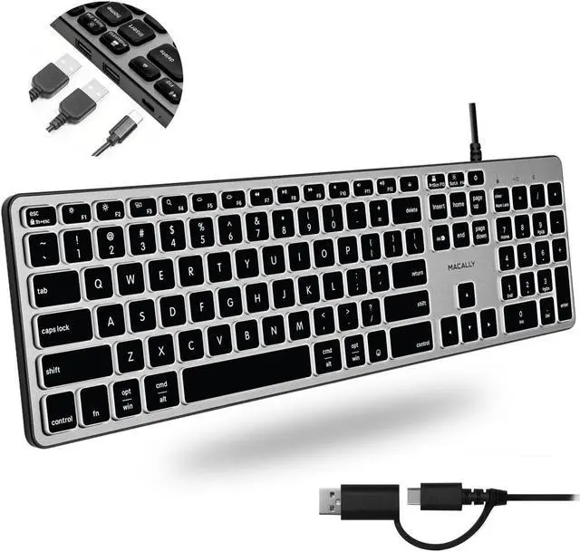 Main image of Macally Wired Keyboard for Mac with USB Hub (2X USB-A / 1x USB-C) - Compatible Backlit Apple Keyboard with Dual Interface - Auto OS Detection for Mac, MacBook Pro/Air, iMac, PC, Android, iPad, iOS
