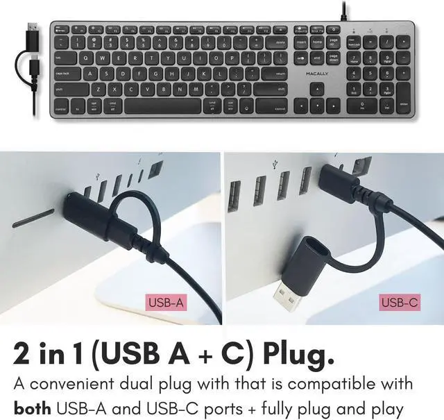 Alt view image 3 of 5 - Macally Wired Keyboard for Mac with USB Hub (2X USB-A / 1x USB-C) - Compatible Backlit Apple Keyboard with Dual Interface - Auto OS Detection for Mac, MacBook Pro/Air, iMac, PC, Android, iPad, iOS