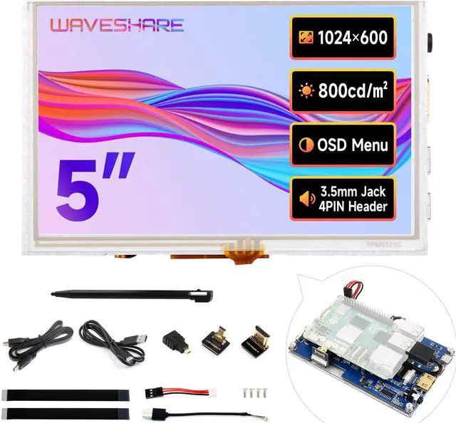 Main image of Waveshare 5inch High-Brightness Touch Screen, Compatible with Raspberry Pi 5/4B/3B/Zero/Zero W/Zero 2W/Pico/Pico W/Pico WH, Supports Windows 11/10/8.1/8/7 & Jetson Nano, Narrow-Bezel Resistive Touch