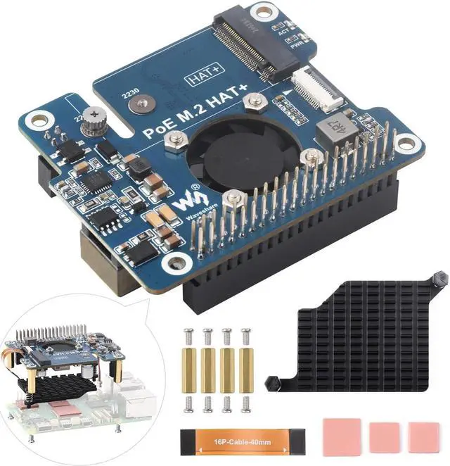 Main image of Waveshare NVME PCIe to M.2 Adapter with PoE Function for RPI, Compatible with Raspberry Pi 5, Supports NVMe Protocol M.2 Solid State Drive 2230/2242, Supports 802.3af/at, with Cooling Fan