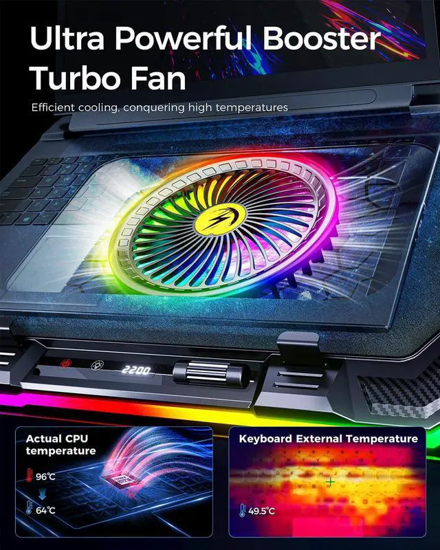 Alt view image 2 of 4 - KeiBn Gaming Laptop Cooling Pad, Laptop Fan Cooling Pad with 5.5inch RGB External Cooling Fan, Rapid Cooling Laptop 15.6-19.3inch, 8 Height Stands, 2 USB Ports, Phone Holder-K1 5V RGB