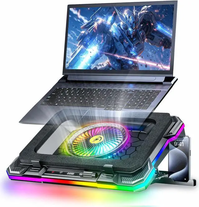 Main image of KeiBn Gaming Laptop Cooling Pad, Laptop Fan Cooling Pad with 5.5inch RGB External Cooling Fan, Rapid Cooling Laptop 15.6-19.3inch, 8 Height Stands, 2 USB Ports, Phone Holder-K1 5V RGB