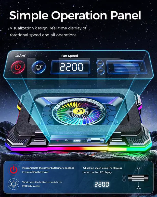 Alt view image 4 of 4 - KeiBn Gaming Laptop Cooling Pad, Laptop Fan Cooling Pad with 5.5inch RGB External Cooling Fan, Rapid Cooling Laptop 15.6-19.3inch, 8 Height Stands, 2 USB Ports, Phone Holder-K1 5V RGB