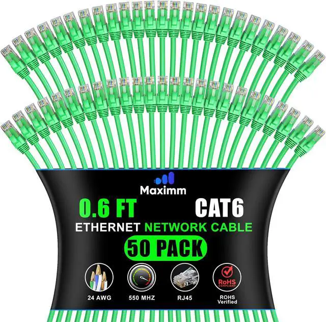 Main image of Maximm Cat 6 Ethernet Cable 0.6 ft (50-Pack) - High-Speed LAN Cable, Internet Cable, Patch Cable, and Network Cable - UTP, 10Gbps, 550MHz Ethernet Cord - Green