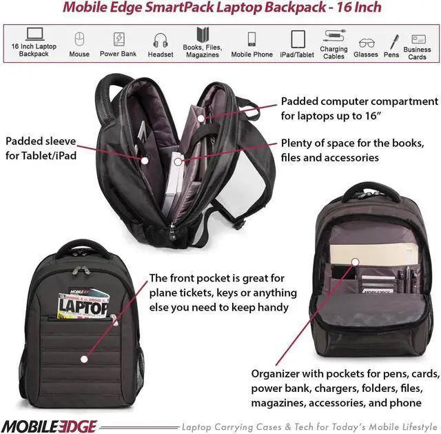 Alt view image 3 of 5 - Mobile Edge Charcoal SmartPack 16 Inch Laptop Backpack for Men and Women with Padded Tablet Pocket, Lightweight, Charcoal Black