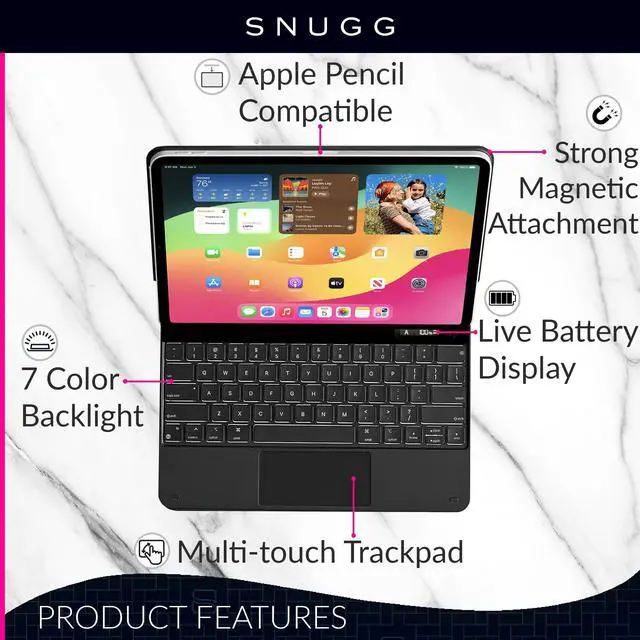 Alt view image 4 of 5 - Snugg iPad Pro 13 Case with Keyboard (M4) with Apple Pencil Holder & Live Battery Display - Wireless Bluetooth Backlit Magic Keyboard 13 Case for iPad Pro 13 inch Case 2024 with Keyboard - Black