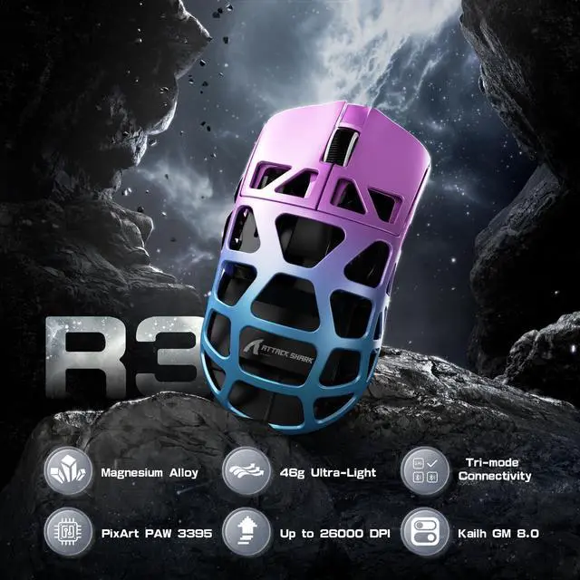 Alt view image 2 of 5 - FELICON x Attack Shark R3 Wireless Gaming Mouse,PAW3395 26K DPI 8KHz Polling Rate,Magnesium Alloy 46g Ultralight,Programmable Tri-Mode BT/2.4G/Wired Computer Mice with Coiled Cable - Purple Blue