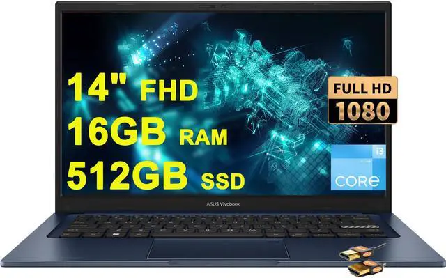 Main image of ASUS VivoBook 14 Business Laptop 14" FHD Anti-Glare Intel Hexa-core i3-1215U (Beats i7-1165G7) 16GB DDR4 512GB SSD USB-C Privacy Webcam SonicMaster Win11 + HDMI Cable