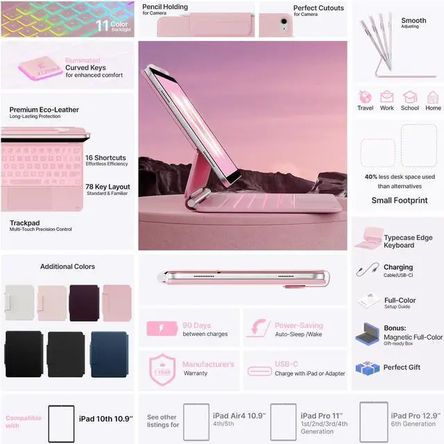 Alt view image 3 of 5 - typecase Edge Keyboard for iPad 10th Generation (10.9", 2022) - 10 Colors Backlit, Thin, Multi-Touch Trackpad, BT, Magnetic Clasp Keyboard Case for iPad 10th Gen 10.9 - Pink