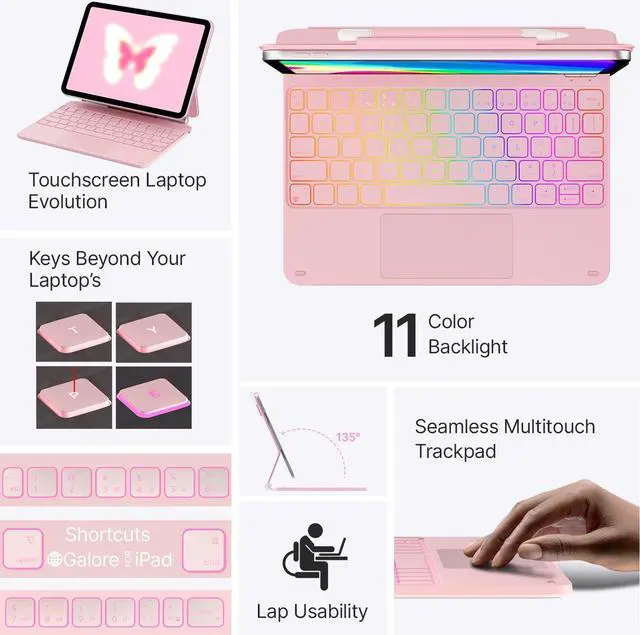 Alt view image 4 of 5 - typecase Edge Keyboard for iPad 10th Generation (10.9", 2022) - 10 Colors Backlit, Thin, Multi-Touch Trackpad, BT, Magnetic Clasp Keyboard Case for iPad 10th Gen 10.9 - Pink