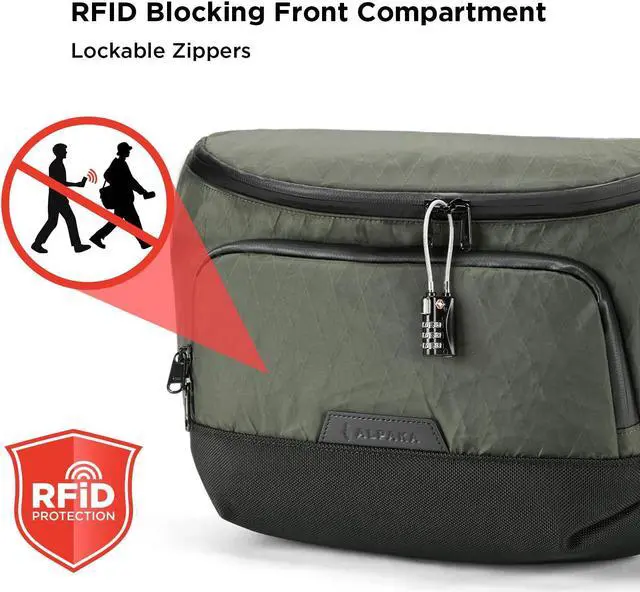 Alt view image 4 of 5 - ALPAKA Bravo Sling Max V2, X-Pac(r) RFID Blocking Sling Bag with Maglockz Buckle, Crossbody Bags with External USB Charging Port, Weatherproof Fabric Men's Travel Bag fits 14 MacBook,Dark Green