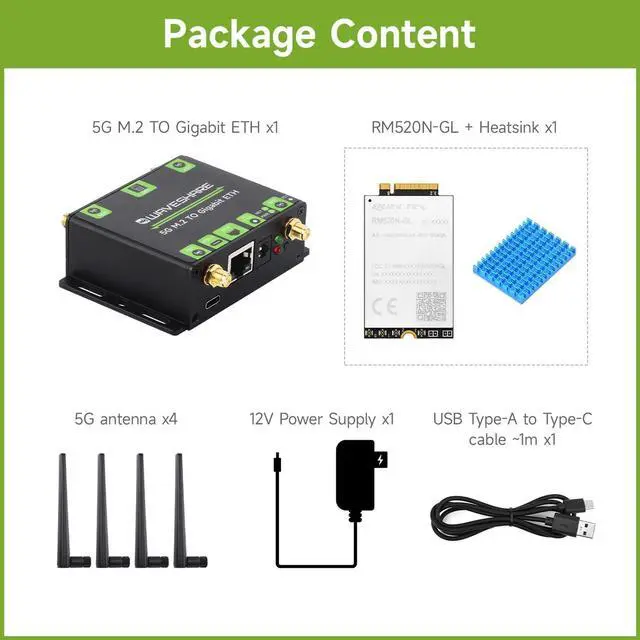 Alt view image 2 of 5 - Waveshare RM520N-GL 5G M.2 to Gigabit Ethernet Converter, 5G M.2 to USB3.1, Aluminum Alloy Case, Wall-Mount Support, Quad Antennas, Onboard M.2 Key B Interface, USB3.1 Port