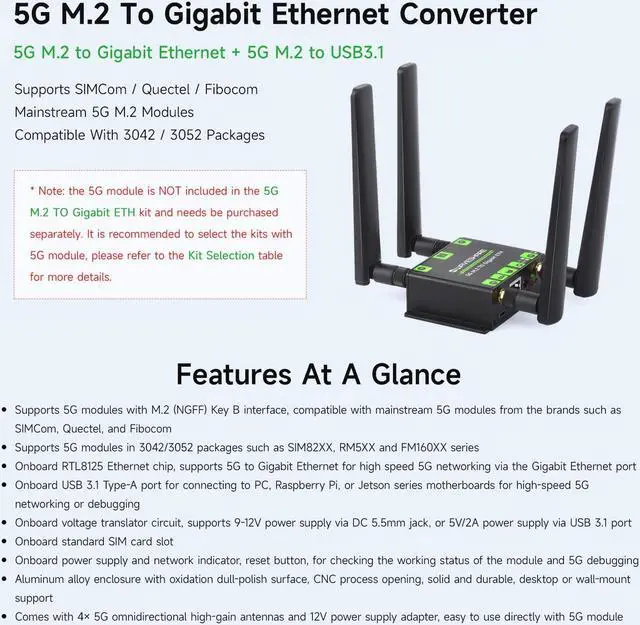 Alt view image 3 of 5 - Waveshare RM520N-GL 5G M.2 to Gigabit Ethernet Converter, 5G M.2 to USB3.1, Aluminum Alloy Case, Wall-Mount Support, Quad Antennas, Onboard M.2 Key B Interface, USB3.1 Port