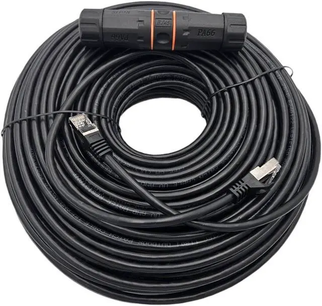 Main image of Micro Connectors 100 Feet CAT6A Industrial Outdoor-Rated Shielded Ethernet Black-Cable Kit with Waterproof Coupler (E09-100BOU-KT)