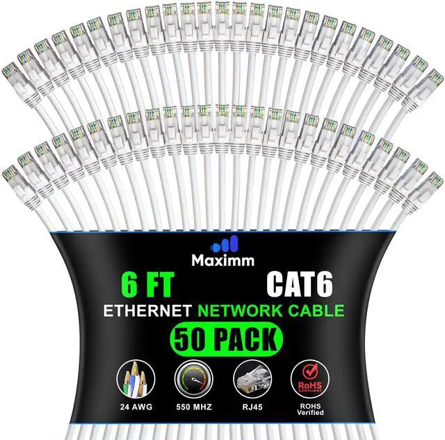 Main image of Maximm Cat 6 Ethernet Cable 6 ft (50-Pack) - High-Speed LAN Cable, Internet Cable, Patch Cable, and Network Cable - UTP, 10Gbps, 550MHz Ethernet Cord - White