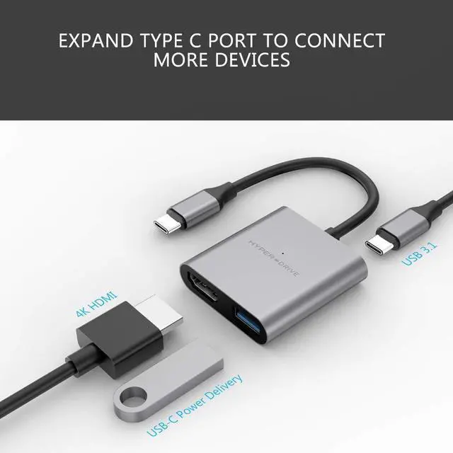 Alt view image 5 of 5 - HyperDrive USB Type C HDMI Adapter, 3-in-1 USB C to HDMI Converter Aluminum Digital Multiport Type-C Hub w 4K HDMI, USB-C w Power Delivery, USB 3.1 for MacBook, Ultrabook, Chromebook, PC, USBC Devices