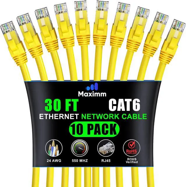 Main image of Maximm Cat 6 Ethernet Cable 30 ft (10-Pack) - High-Speed LAN Cable, Internet Cable, Patch Cable, and Network Cable - UTP, 10Gbps, 550MHz Ethernet Cord - Yellow