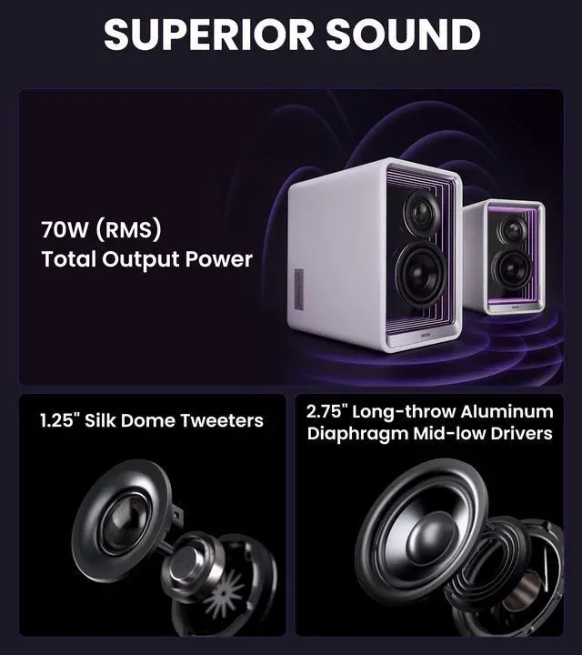 Alt view image 2 of 4 - Edifier QR65 Desktop Active Monitor with 2.75" Long-Throw Aluminum Diaphragm mid-Low Drivers, Hi-Res Audio, Brilliant Light Effects, GaN Fast Charger, and 70W Output Power Bluetooth Speakers- White