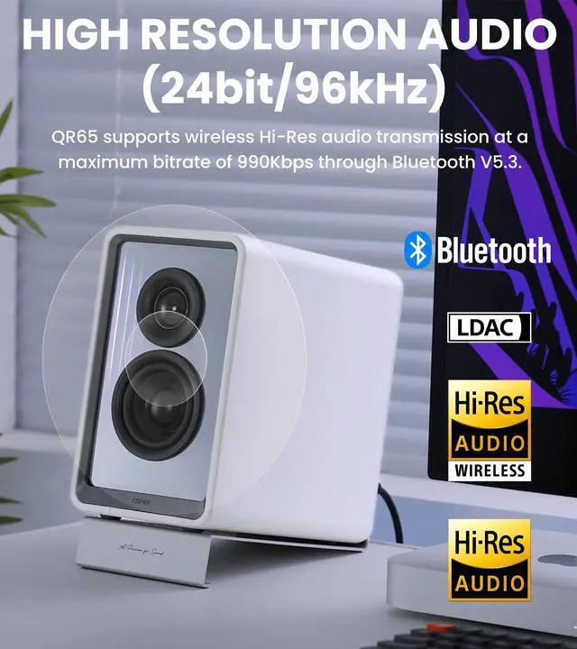Alt view image 3 of 4 - Edifier QR65 Desktop Active Monitor with 2.75" Long-Throw Aluminum Diaphragm mid-Low Drivers, Hi-Res Audio, Brilliant Light Effects, GaN Fast Charger, and 70W Output Power Bluetooth Speakers- White