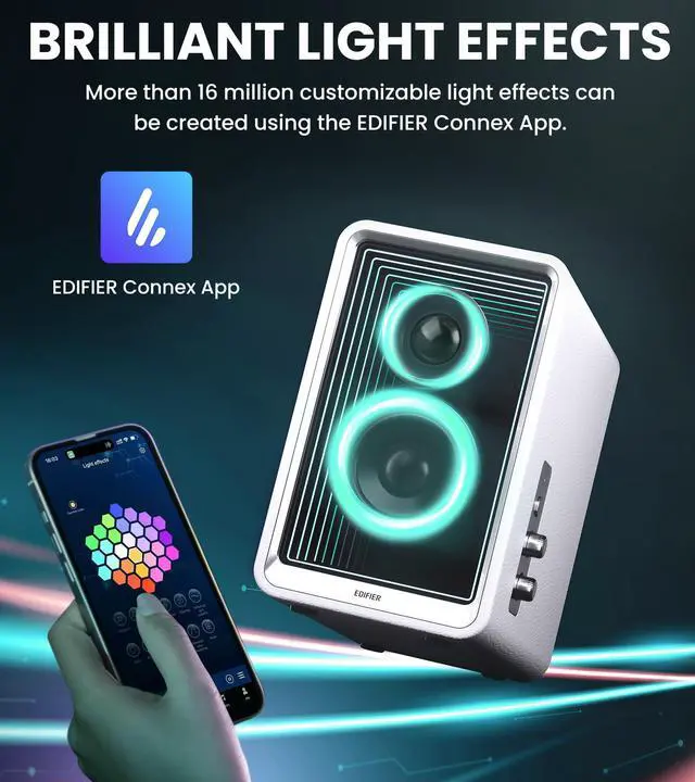 Alt view image 4 of 4 - Edifier QR65 Desktop Active Monitor with 2.75" Long-Throw Aluminum Diaphragm mid-Low Drivers, Hi-Res Audio, Brilliant Light Effects, GaN Fast Charger, and 70W Output Power Bluetooth Speakers- White