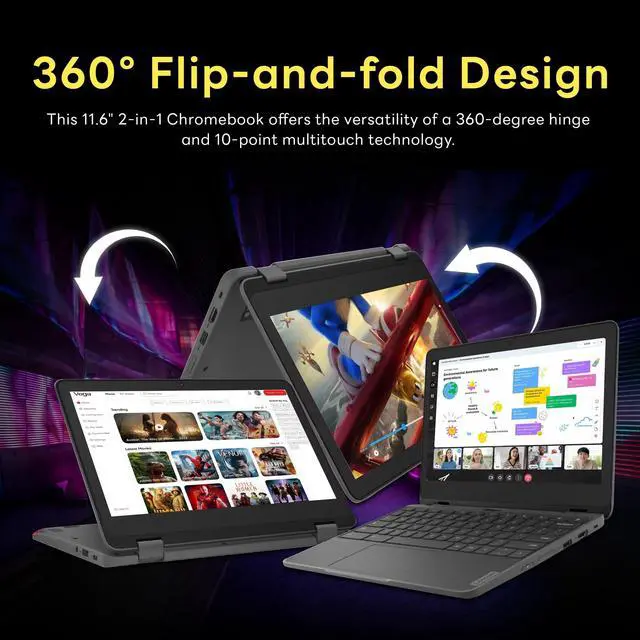 Alt view image 4 of 5 - Lenovo Chromebook 300e Yoga 11.6" 2-in-1 Touchscreen (8-Core Kompanio 520, 4GB RAM, 96GB Storage), Ruggedized & Water Resistant, Convertible Students & Education Laptop, IST Pen, Webcam, Chrome OS
