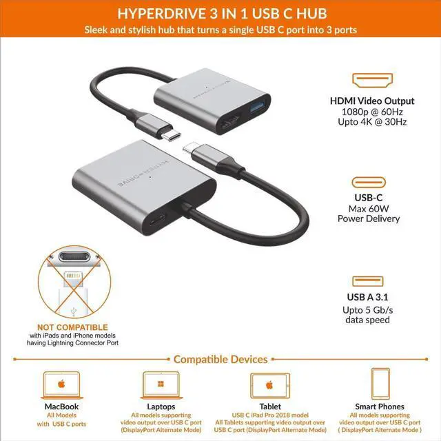 Alt view image 2 of 5 - HyperDrive 4K HDMI 3-in-1 USB-C Hub for MacBook, Chromebook - Silver
