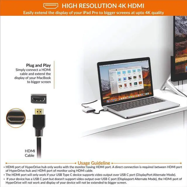 Alt view image 3 of 5 - HyperDrive 4K HDMI 3-in-1 USB-C Hub for MacBook, Chromebook - Silver