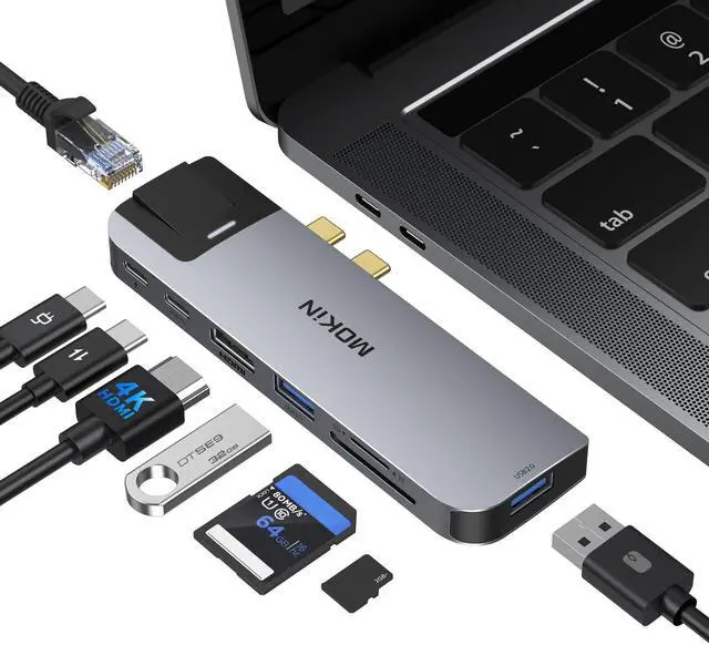 Main image of MOKiN USB C Multiport Adapter Hub Mac Dongle for MacBook Pro/Air with 4K HDMI Port, Gigabit ethernet, 2 USB, TF/SD Card Reader, USB-C 100W PD and Thunderbolt 3
