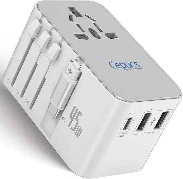 Main image of Ceptics 5 in 1 International Travel Adapter with PD 45W Retractable USB-C Cable 65cm, 2X USB-A 2.4A, 1x USB-C 3A, Travel Adapter Worldwide for Laptop, Phones and Cameras for US, EU, UK, UP-45WC-WH