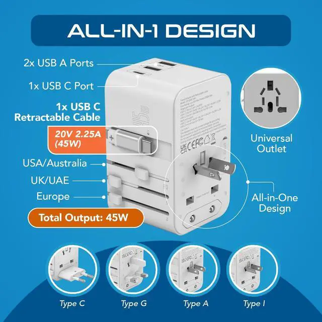 Alt view image 3 of 5 - Ceptics 5 in 1 International Travel Adapter with PD 45W Retractable USB-C Cable 65cm, 2X USB-A 2.4A, 1x USB-C 3A, Travel Adapter Worldwide for Laptop, Phones and Cameras for US, EU, UK, UP-45WC-WH