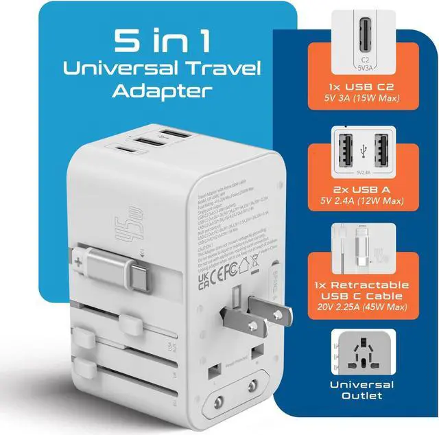 Alt view image 2 of 5 - Ceptics 5 in 1 International Travel Adapter with PD 45W Retractable USB-C Cable 65cm, 2X USB-A 2.4A, 1x USB-C 3A, Travel Adapter Worldwide for Laptop, Phones and Cameras for US, EU, UK, UP-45WC-WH