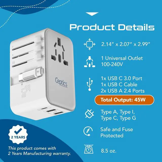Alt view image 4 of 5 - Ceptics 5 in 1 International Travel Adapter with PD 45W Retractable USB-C Cable 65cm, 2X USB-A 2.4A, 1x USB-C 3A, Travel Adapter Worldwide for Laptop, Phones and Cameras for US, EU, UK, UP-45WC-WH
