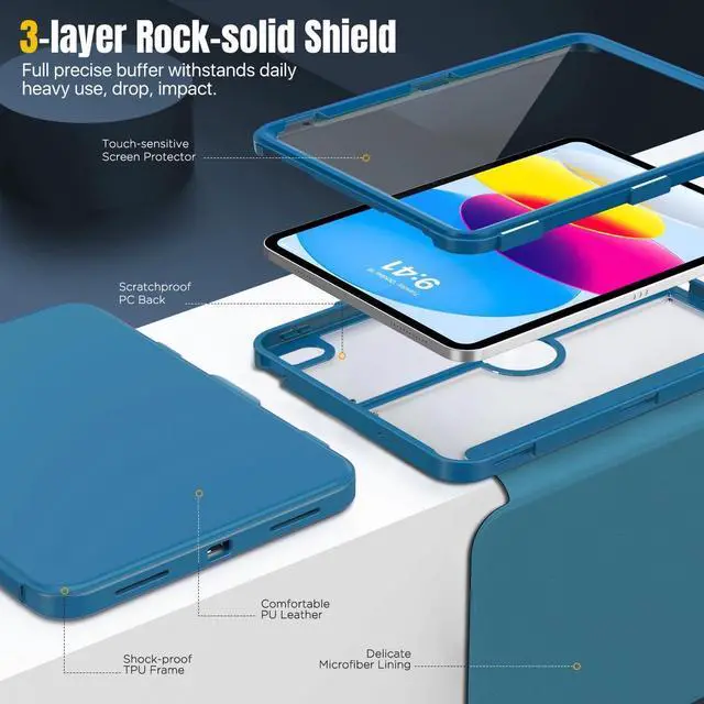 Alt view image 4 of 5 - MoKo Case for iPad 10th Generation Case with Pencil Holder, iPad Case 10th Generation 2022 10.9", Built-in Screen Protector Clear Back, Multi Angle Viewing Stand, Auto Wake/Sleep, Peacock Blue