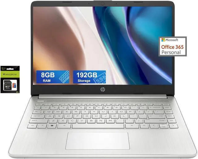 Main image of HP 14 Ultralight Laptop for Student and Business, Intel Core N4120 (4-Core), 8GB RAM, 192GB Storage (128GB eMMC+64GB Micro SD), 1 Year Office 365, Win 11 S, HDMI, WiFi, USB-A&C, MASDROW Accessories